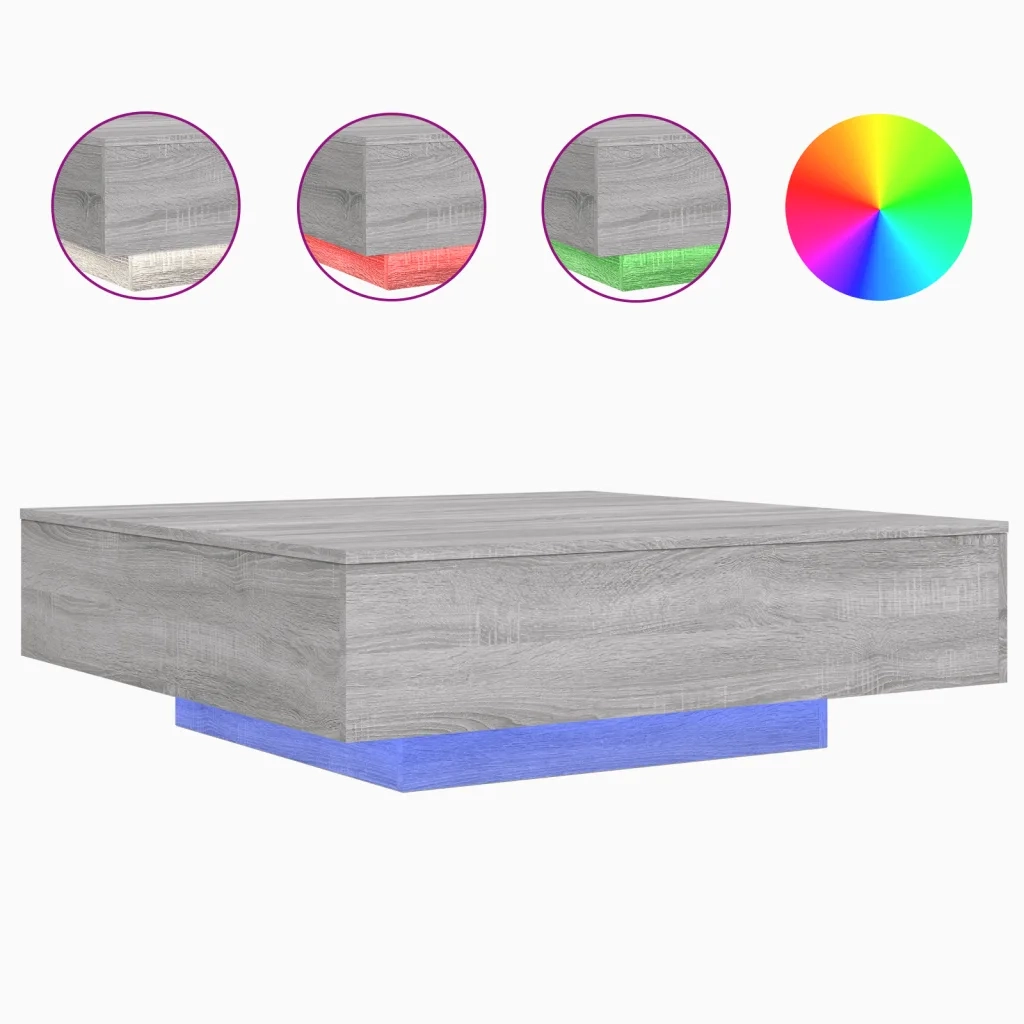 Tavolino da Soggiorno con Luci LED-Tavolino da Salotto-Tavolo Grigio Sonoma 100x100x31 cm