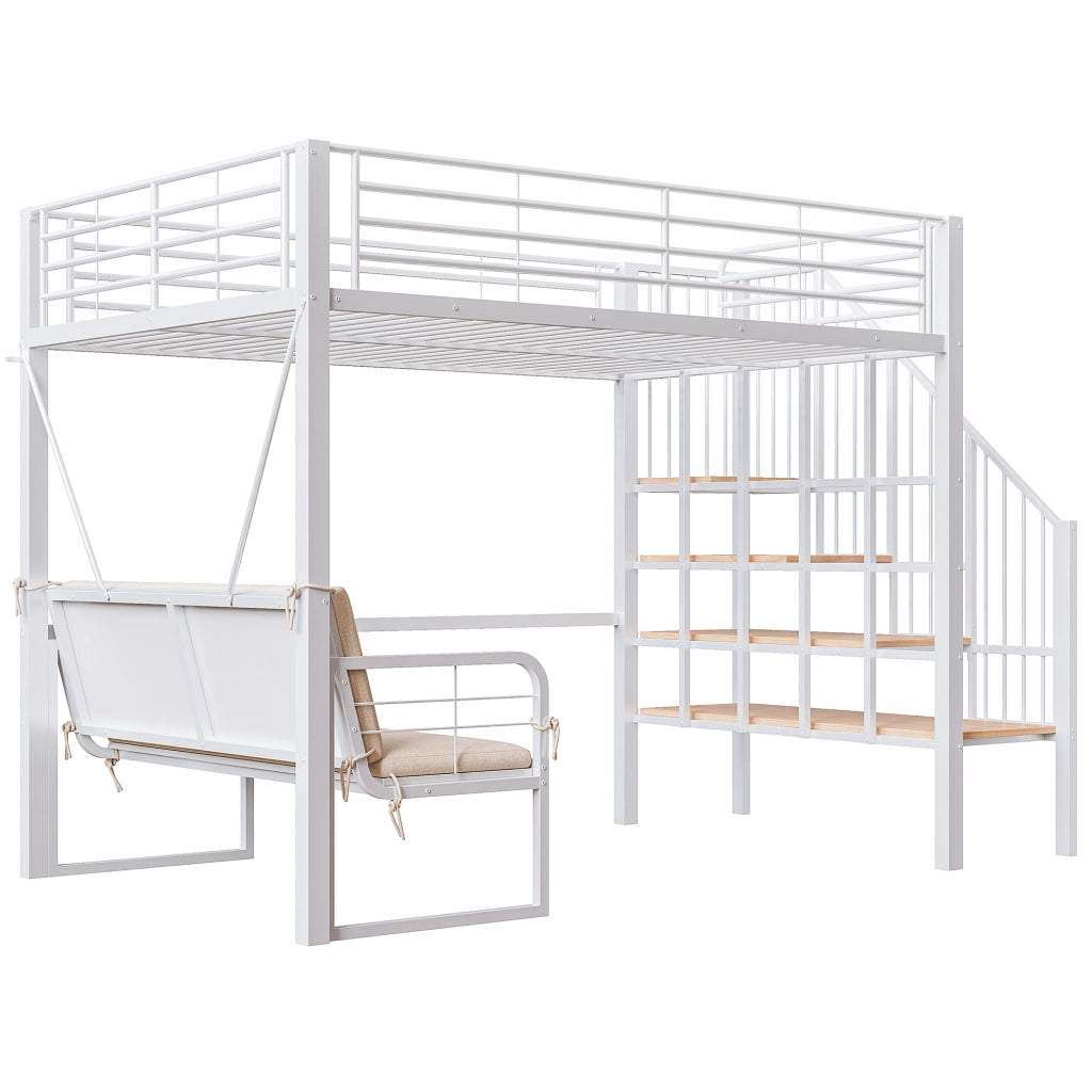 Letto a castello in metallo bianco 140 x 200 cm; letto a soppalco; divano imbottito; deposito e scale di sicurezza