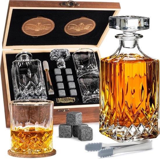 Set di Decantatore Whisky 700ml con 8 Pietre per Whisky e 2 Bicchieri (310ml) + Accessori Extra Regalo Lussuoso per Uomini