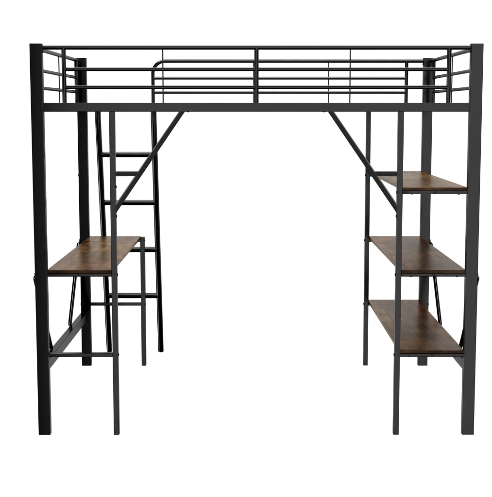 Letto a soppalco 90x200 cm con scrivania e 3 ripiani; metallo; nero
