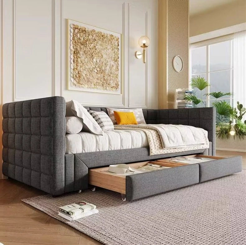 Divano letto estraibile 90 x 200 cm in velluto grigio con 2 cassetti