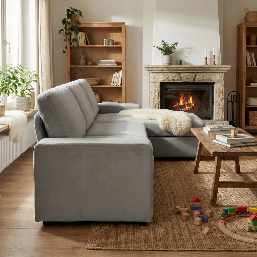 Divano angolare con 4 vani contenitori e chaise longue reversibile in poliestere grigio chiaro 245,5 cm