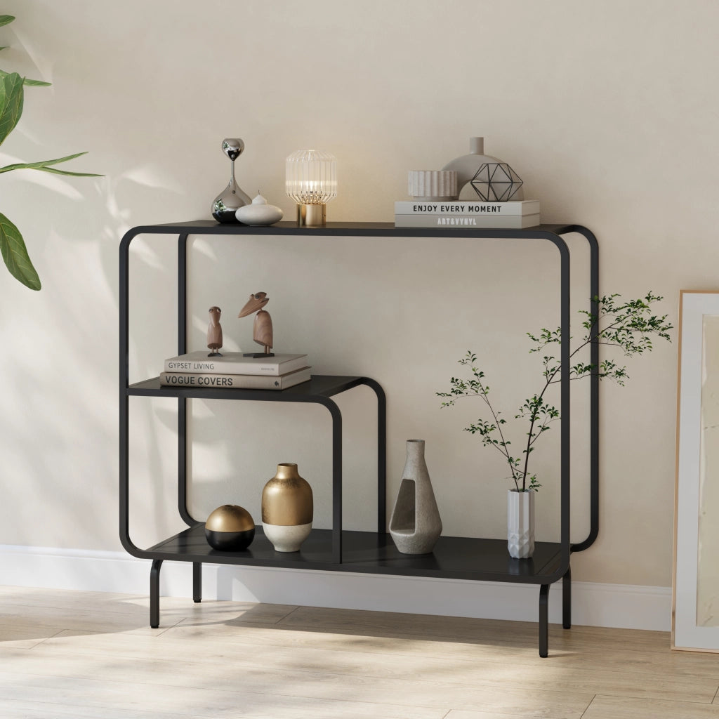 Tavolo a Consolle Færder in Acciaio Scaffale Espositore Stretto 92x33x82 cm Nero Opaco [en.casa]