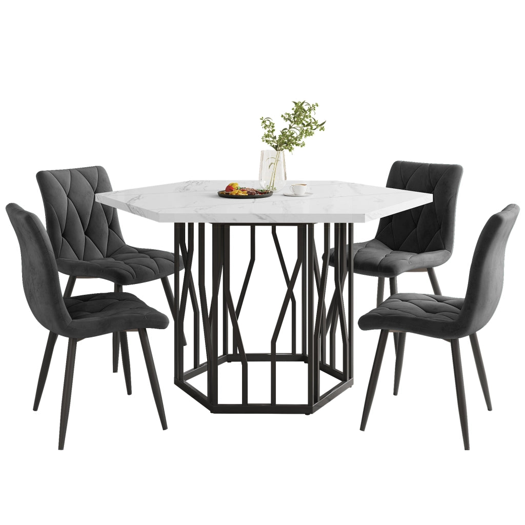Tavolo da pranzo per 4 persone con 4 sedie in velluto, stile moderno, struttura in acciaio, nero e grigio, 115,5 × 100 × 75 cm