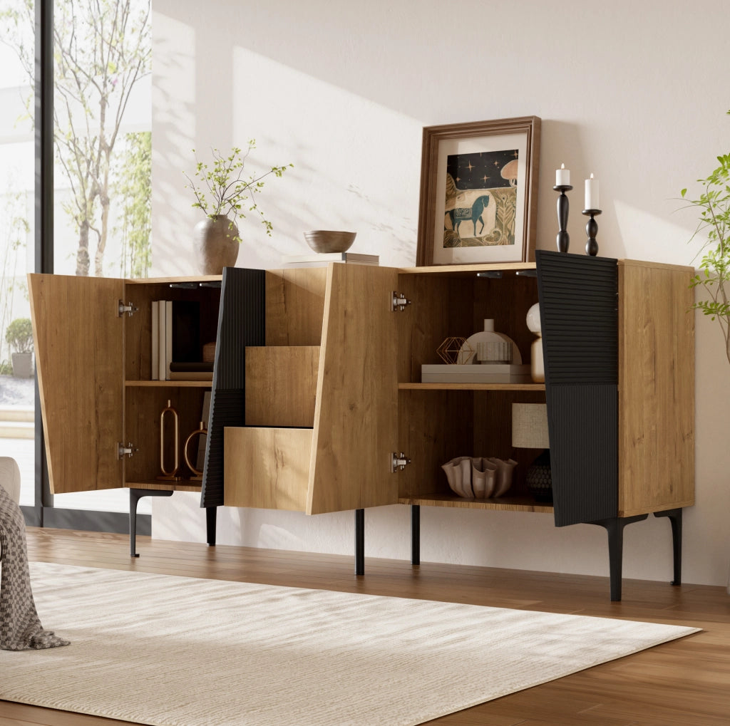 Sideboard con 4 ante e 3 cassetti in legno e metallo 160x40x80 cm