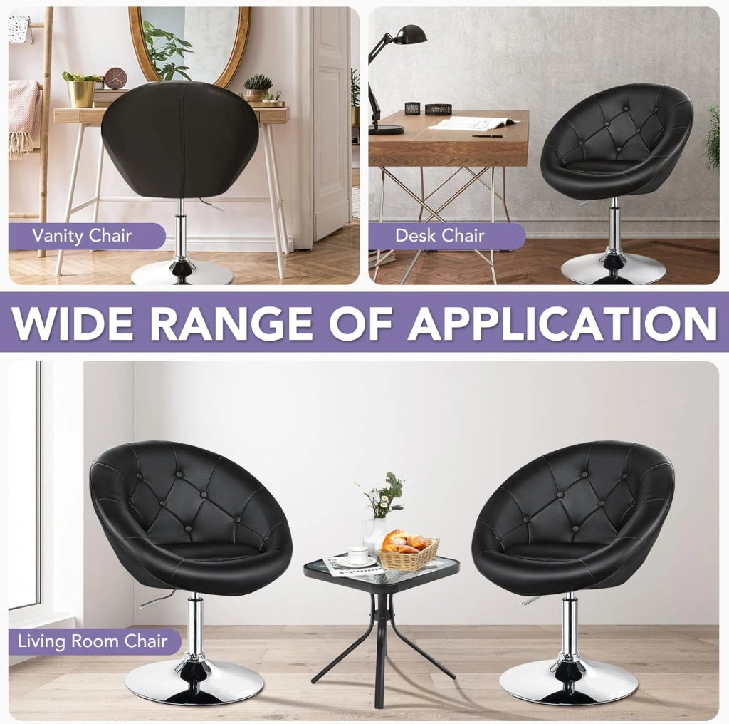 Vanity - Set da trucco regolabile in altezza, con barra posteriore rotonda trapuntata, struttura cromata, sedie moderne in pelle, colore: nero
