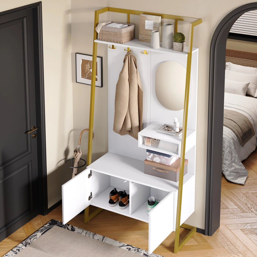 Ensemble de meubles de salon armadio da ingresso con specchio, ganci e ripiani, in MDF bianco