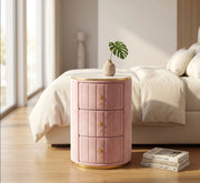 Tavolino da Comodino con 3 Cassetti ¨C MINIMAL ¨C Velluto Rosa, Piano in Marmo, Gambe Oro