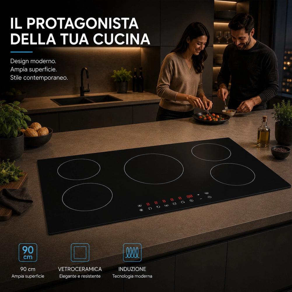 Piano Cottura a Induzione 90 cm in Vetroceramica Nero Controllo Touch 5 Fornelli