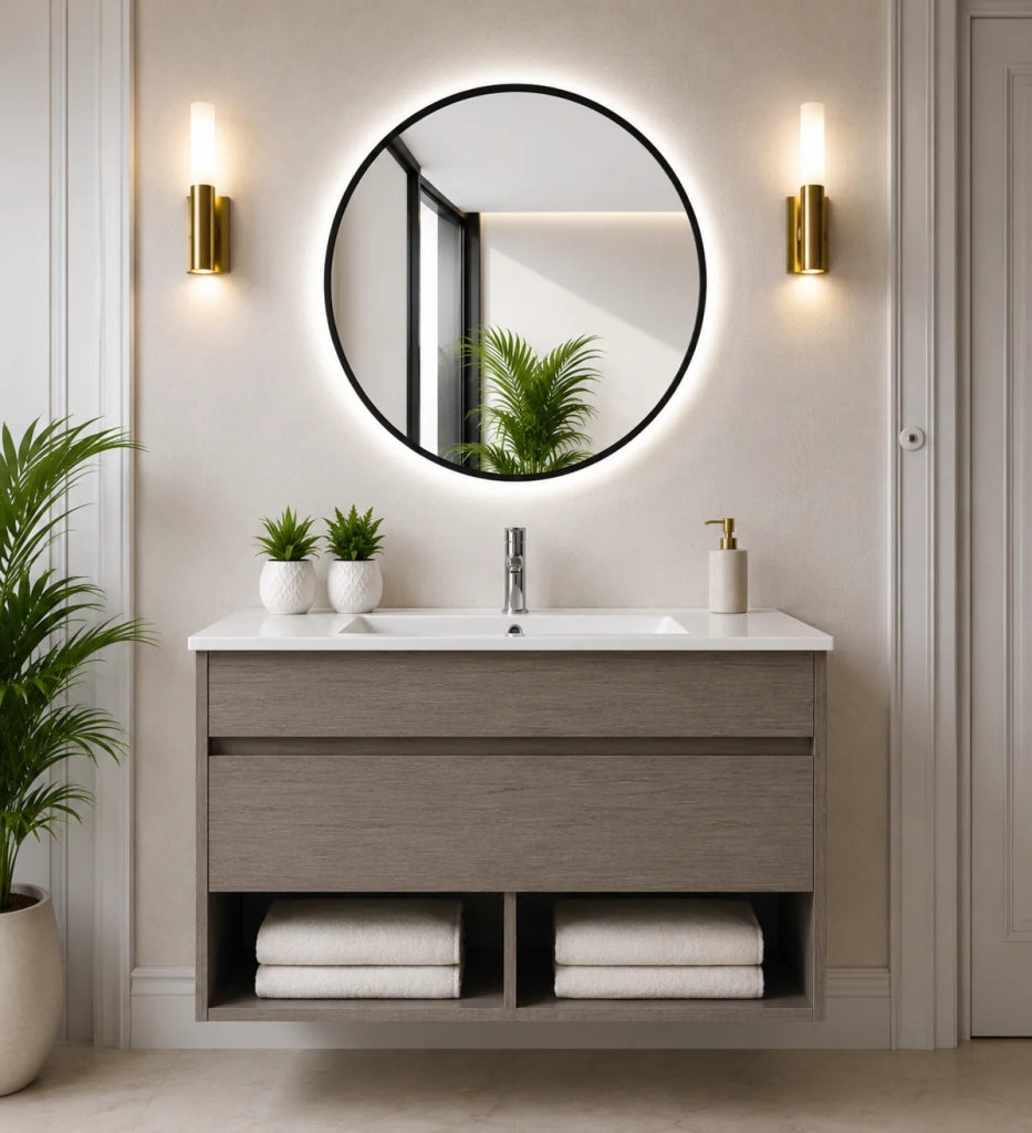 Mobile bagno sospeso con lavabo extrapiano ORIGENBATH NEBARI senza specchio 90x40 cm rovere smoky