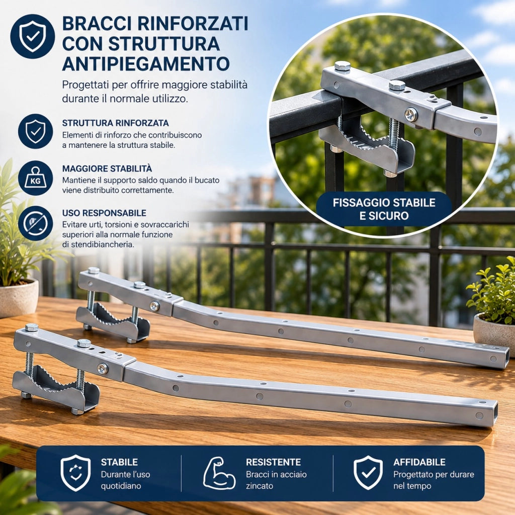 Stendibiancheria Balcone 55 cm per Ringhiera Rettangolare in Acciaio Zincato