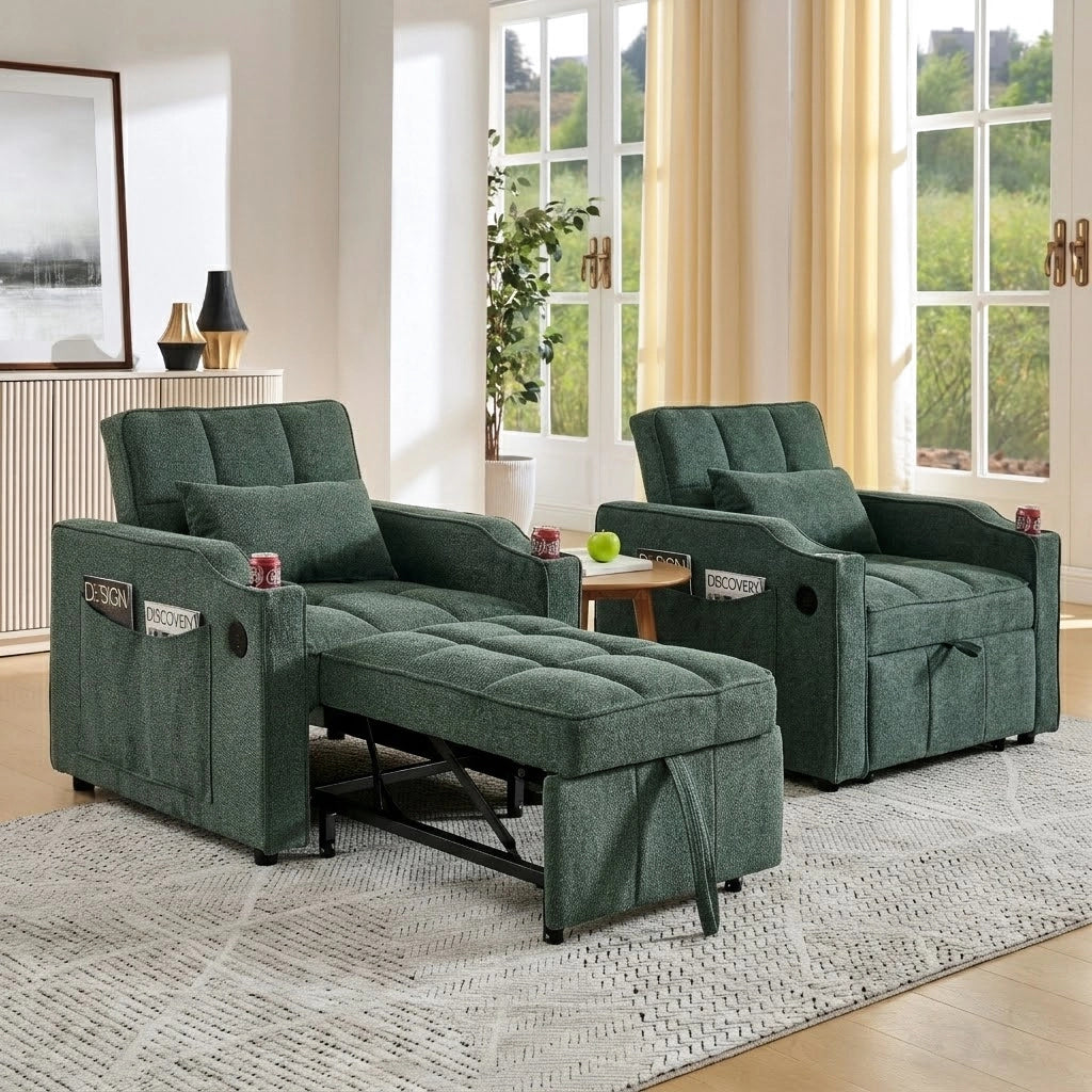 Fauteuil convertible con funzione letto, schienale regolabile, USB e portabicchieri, in tessuto verde 190 cm