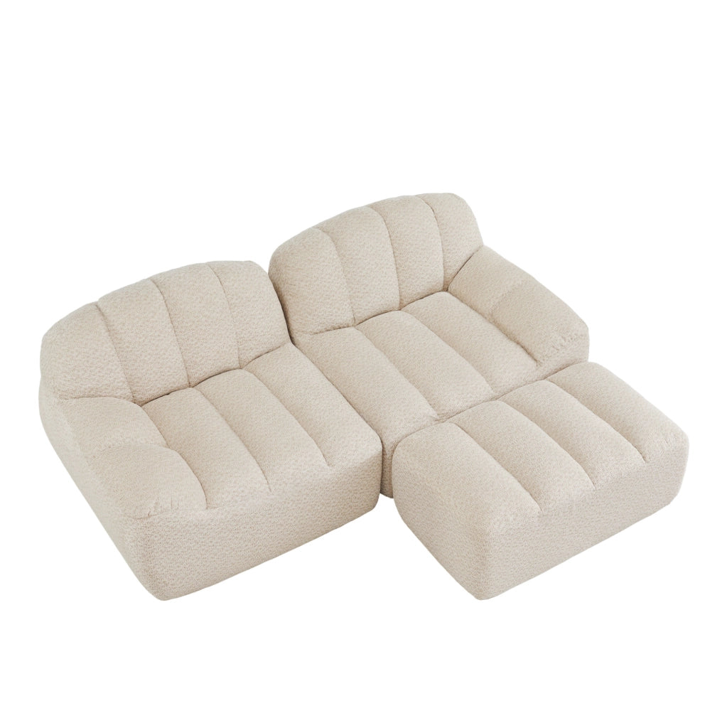 Divano modulare angolare 2 posti con ottomana 210x165x79 cm in fleece granulato beige bianco