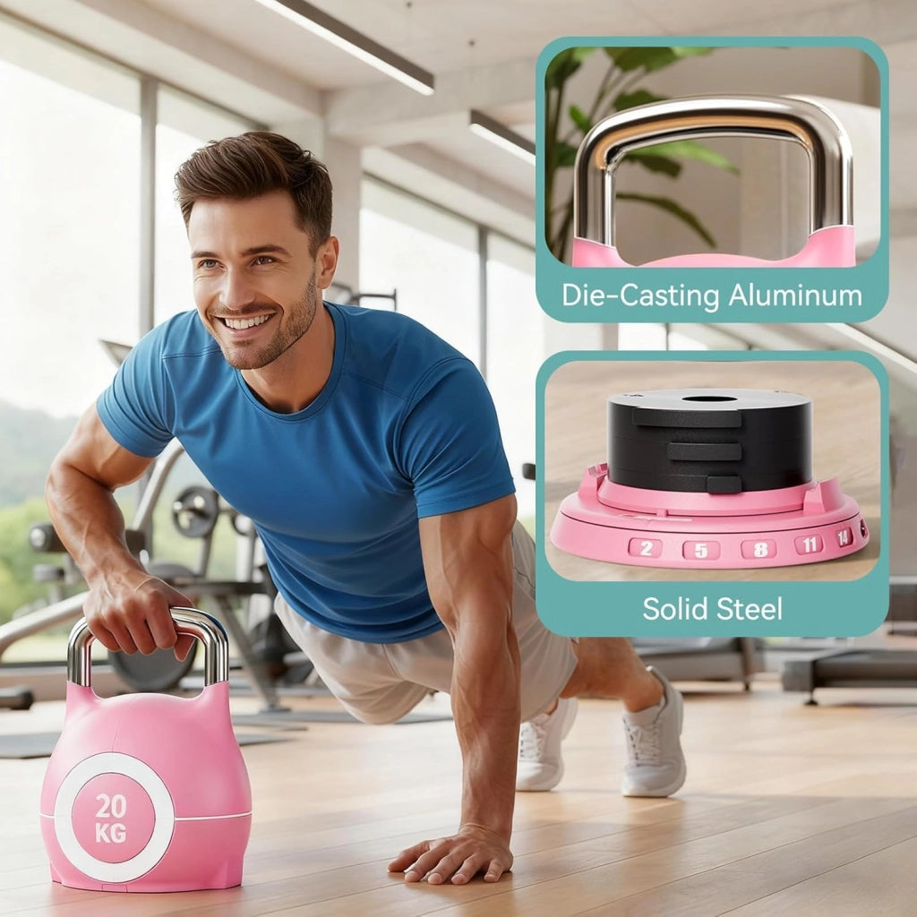 Kettlebell Regolabile 7 in 1, 20 kg Kettlebell con 7 Livelli di Peso, Manubrio per Allenamento a Casa & Fitness, Ideale per Allenamento Completo del Corpo, Compatto & Salvaspazio (Nero, 20KG)