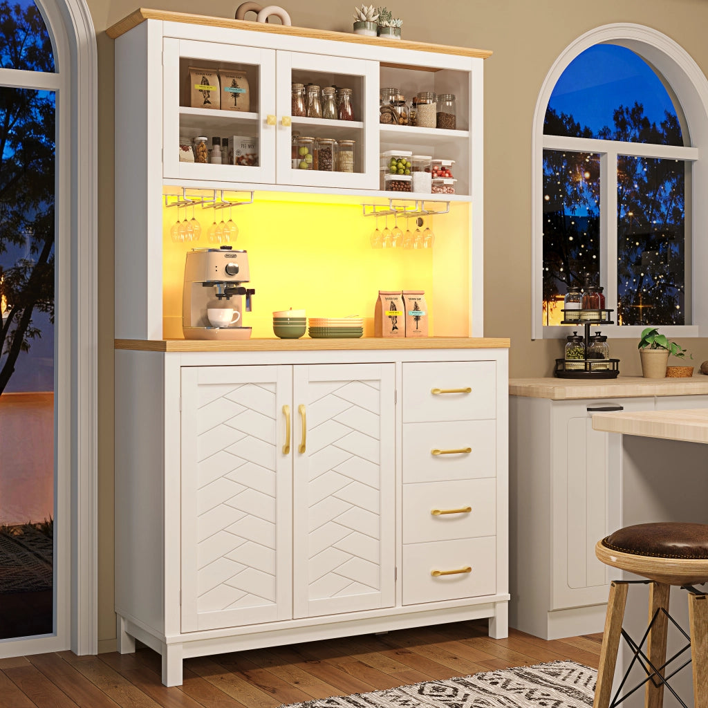 Credenza da Cucina con Vani Contenitore e Cassetti; LED Regolabile; in MDF; per Cucina; 105.5x40x180 cm; Bianco