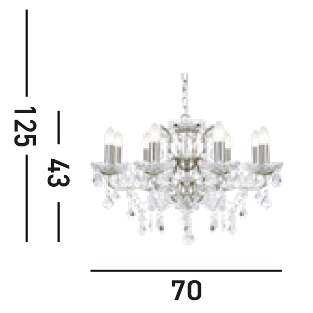 Lampadario Classico Parigi Acciaio Argento Vetro Trasparente 8 Luci E14