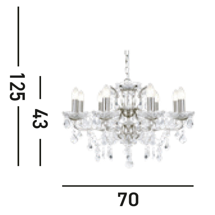 Lampadario Classico Parigi Acciaio Argento Vetro Trasparente 8 Luci E14