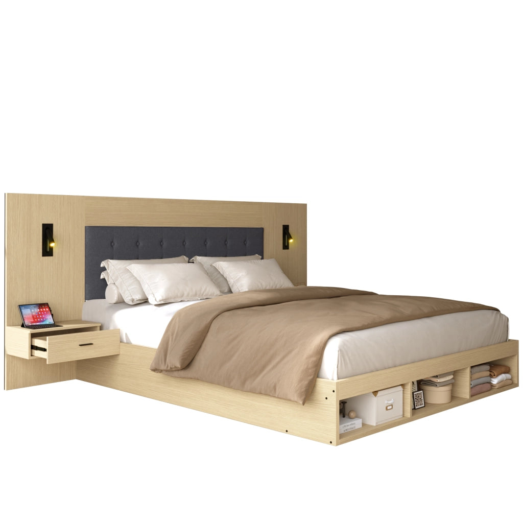 Letto matrimoniale 180x200 cm con contenitore, USB e Type-C, lampade da lettura, 2 comodini, rovere chiaro