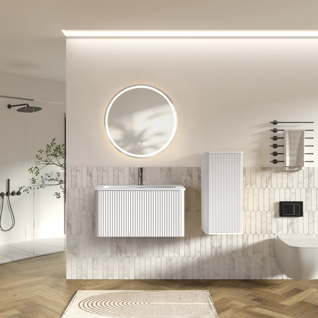 Mobile sottolavabo con specchio LED e colonna bagno a parete moderno bianco con lavandino e vani contenitori