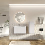 Mobile sottolavabo con specchio LED e colonna bagno a parete moderno bianco con lavandino e vani contenitori