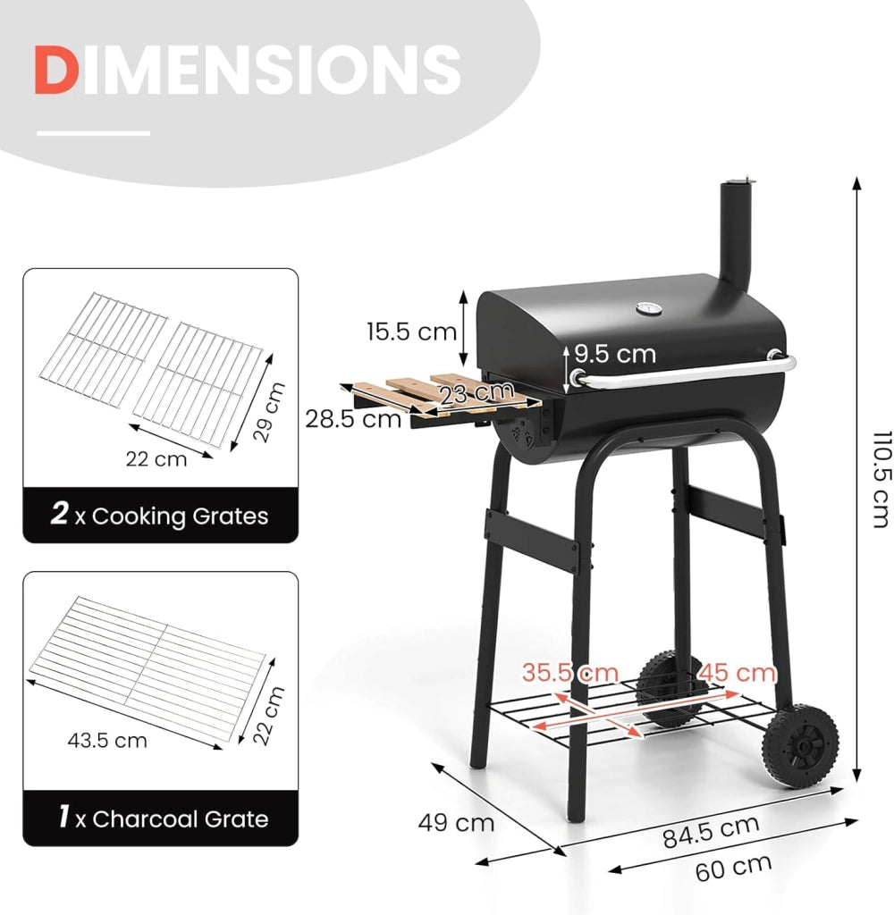 Barbecue a carbonella con tavoli laterali pieghevoli e ruote, carrello barbecue con termometro integrato e vano portaoggetti, barbecue a fumo da esterno