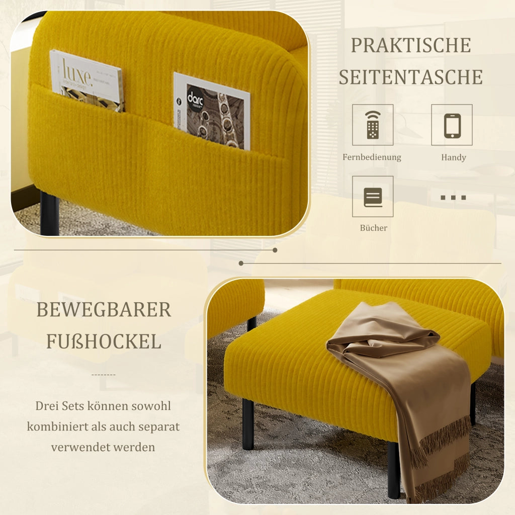 OKWISH Set da 3 Pezzi con Divano 2 Posti, Poltrona e Poggiapiedi, con Tasca Laterale, Velluto a Coste Giallo