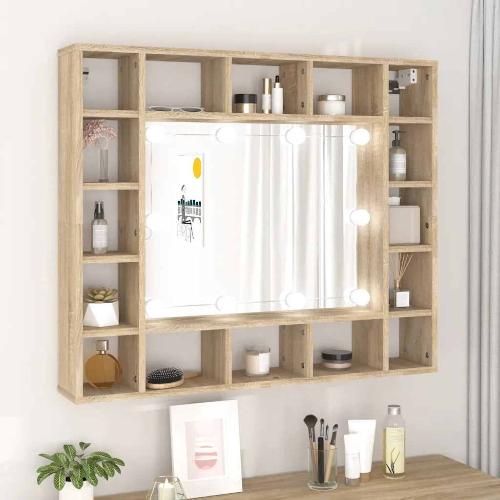 Mobile a Specchio con LED Rovere Sonoma 91x15x76,5 cm 808867
