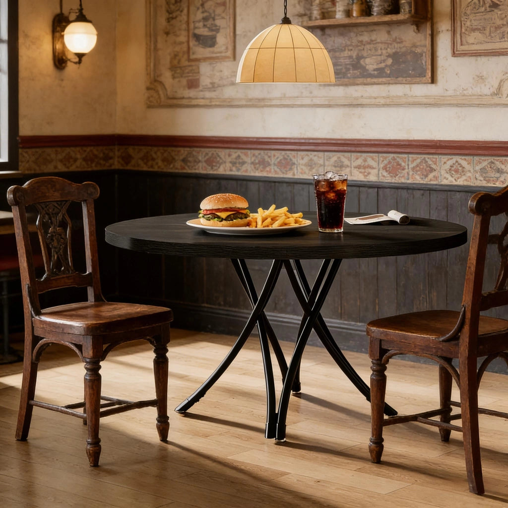 Tavolo rotondo classico nero da 120 cm per 4-6 persone, con gambe incrociate e montaggio semplice