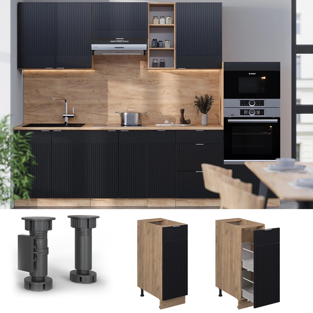 Vicco Armadio cucina dispensa alto Nero a righe 30 cm , PL Rovere