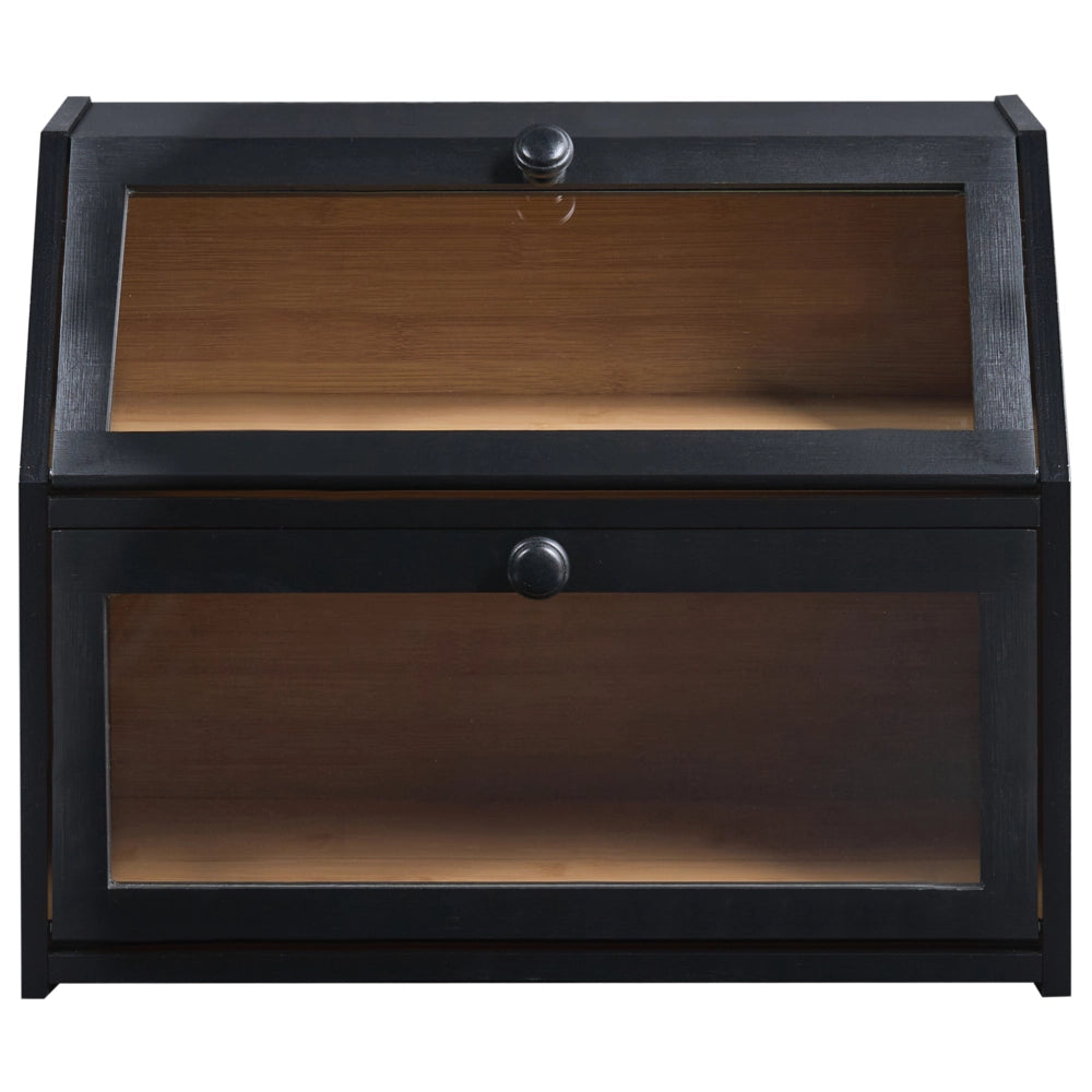 Contenitore per il pane a due ripiani scatola in bambù nero 42 x 25 x 33 cm decorativo con pannelli frontali trasparenti cucina moderna