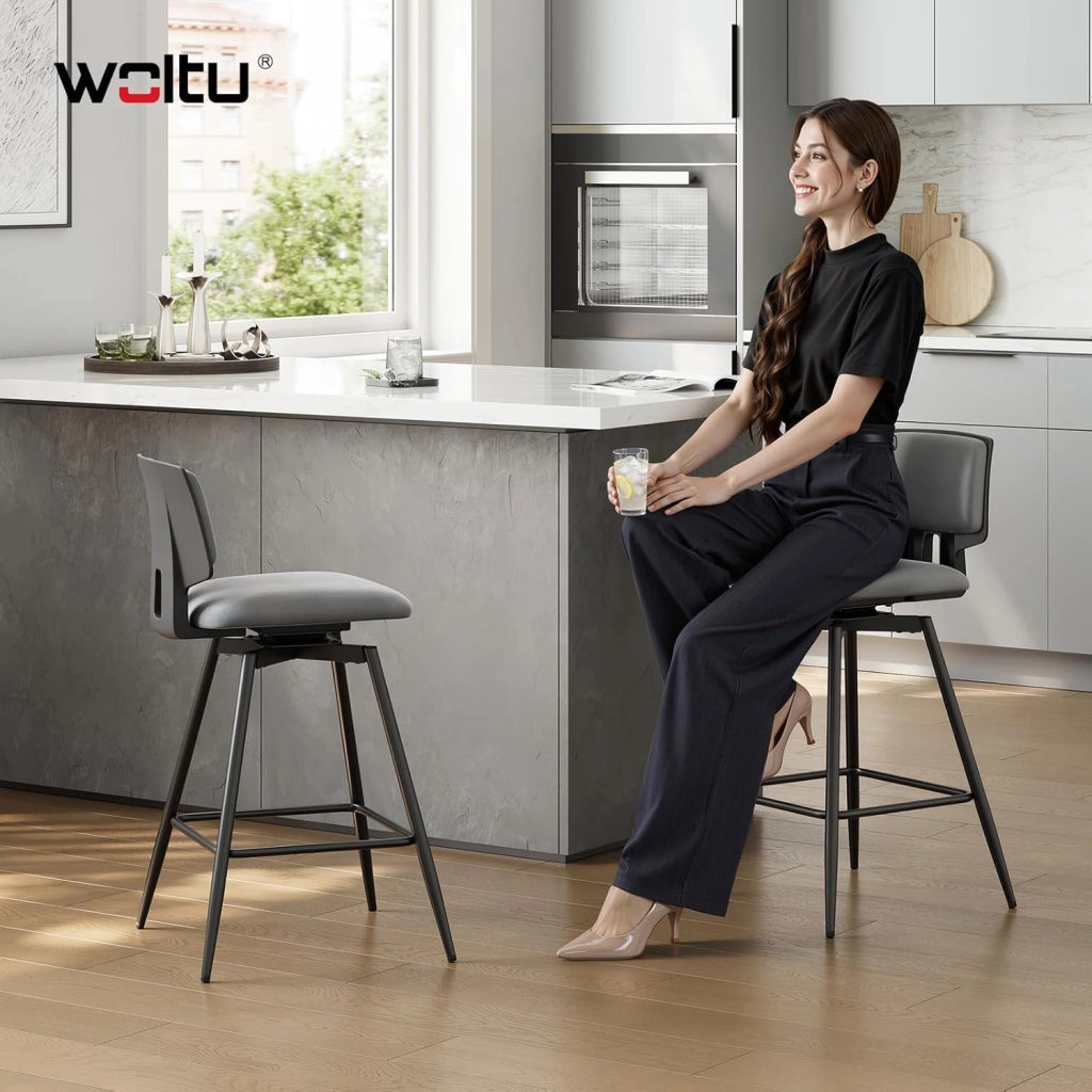 Sgabelli Cucina Set di 2, Sgabelli Bar Girevoli a 360°, con Schienale e Poggiapiedi, in Velluto di Latte, per Cucina, Bar, Soggiorno, Grigio Scuro