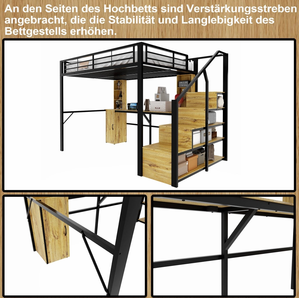 Letto a soppalco in metallo e MDF 140x200 cm con scrivania; armadio; scale contenitore e USB; nero