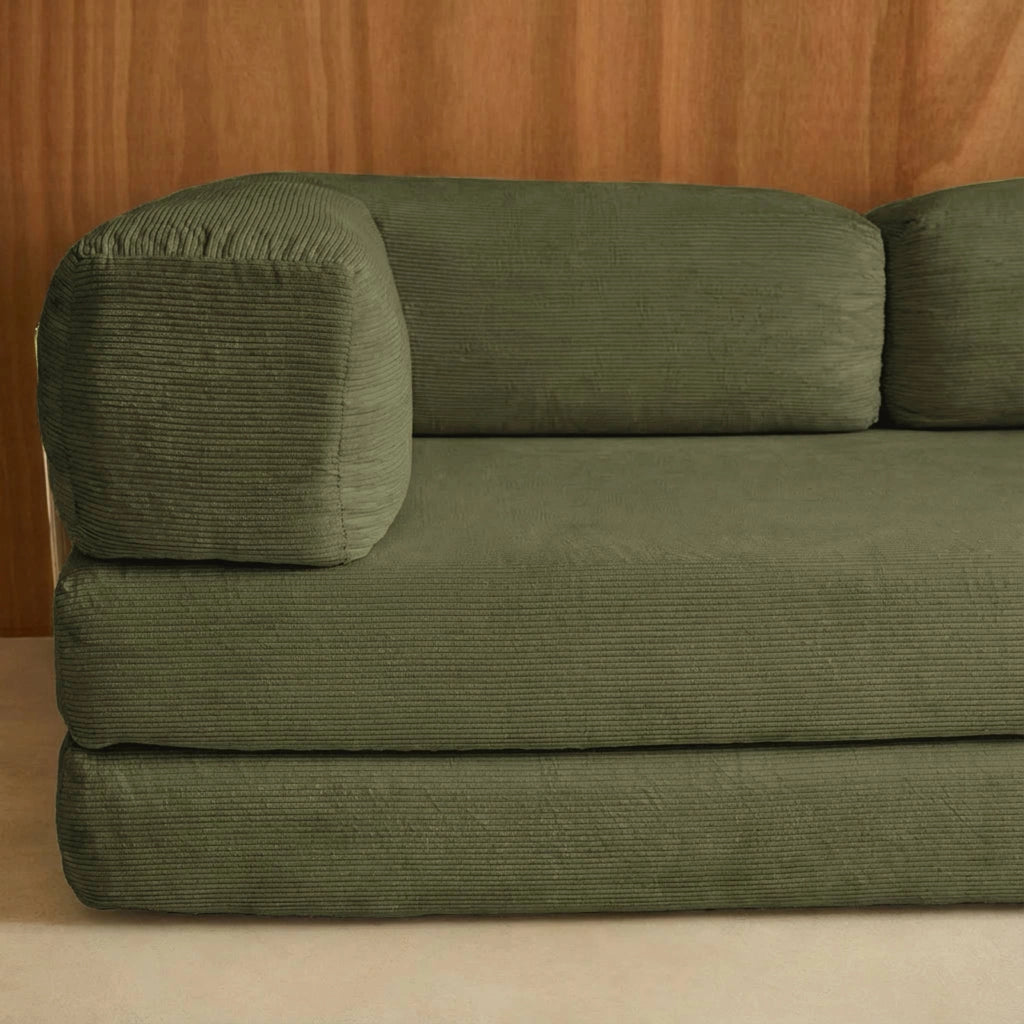 Divano letto futon in velluto a coste e struttura cromata, verde kaki