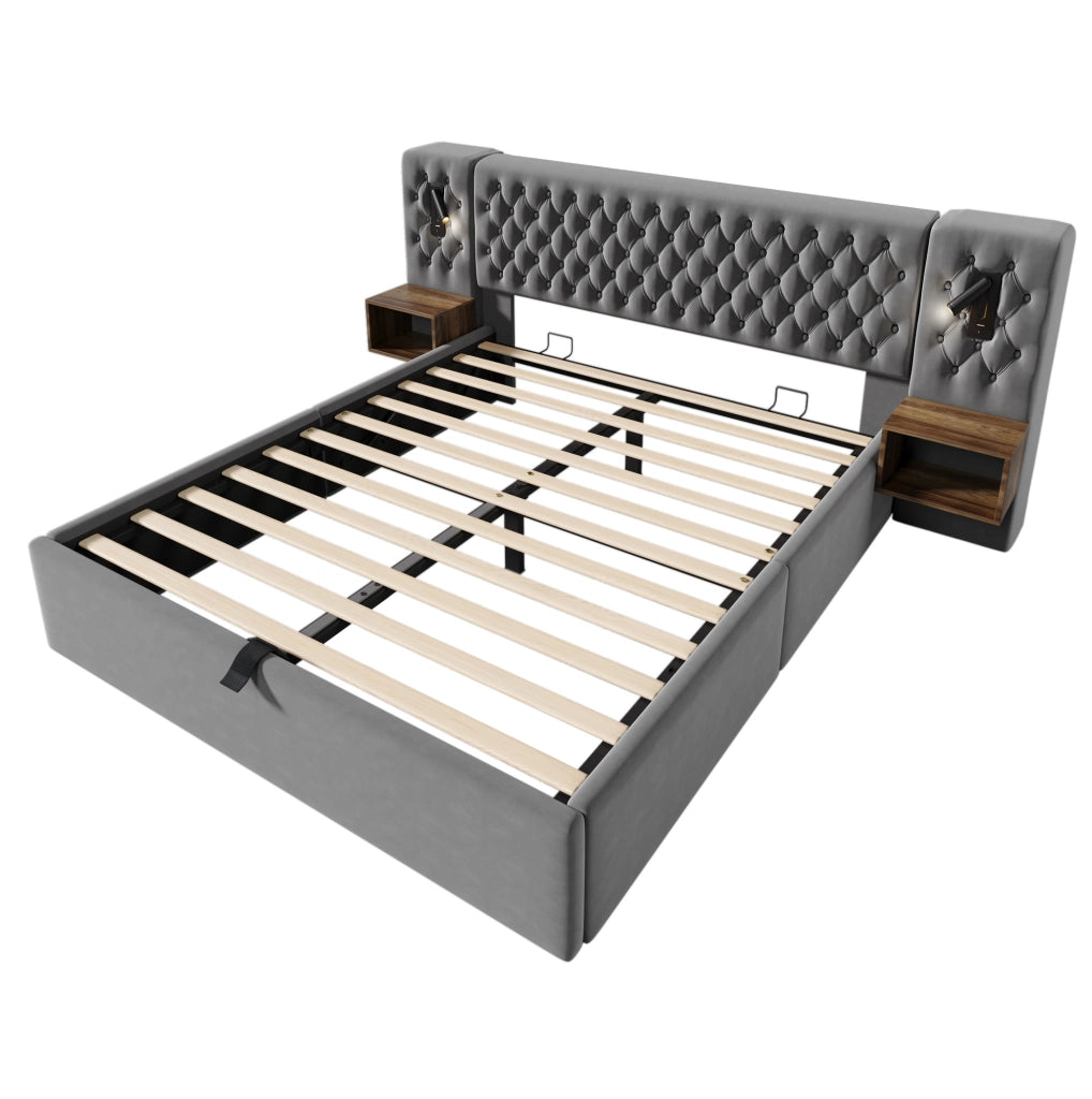 Letto matrimoniale ULEVR 160x200 cm con contenitore idraulico, 2 comodini, luci USB/Type-C e materasso