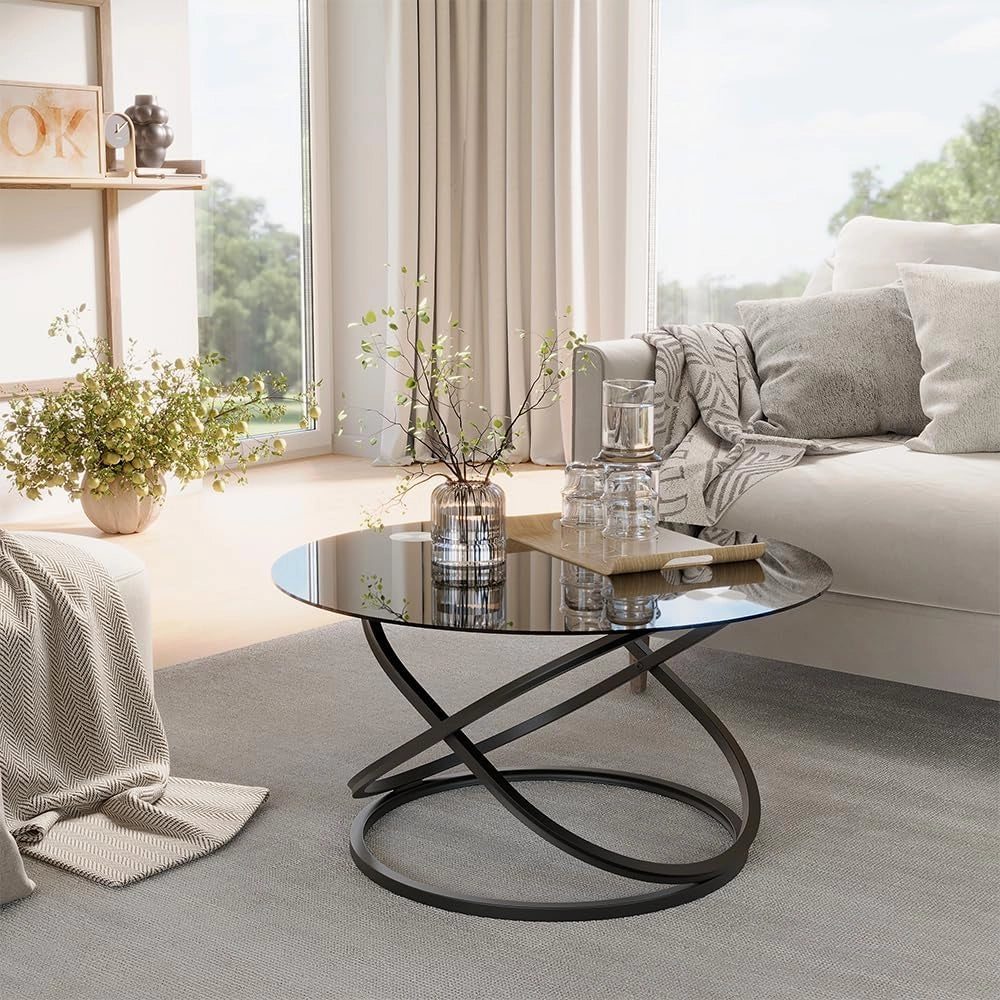 Tavolino da caffè Calgary, Nero lucido, 79.5 x 46.5 cm con superficie in vetro, da utilizzare come piano di appoggio o di lavoro nella zona giorno