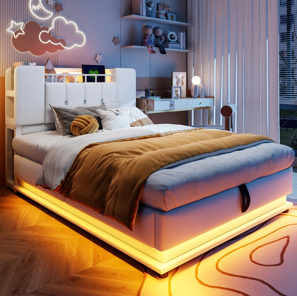 Letto imbottito per bambini con LED, USB e vano contenitore idraulico