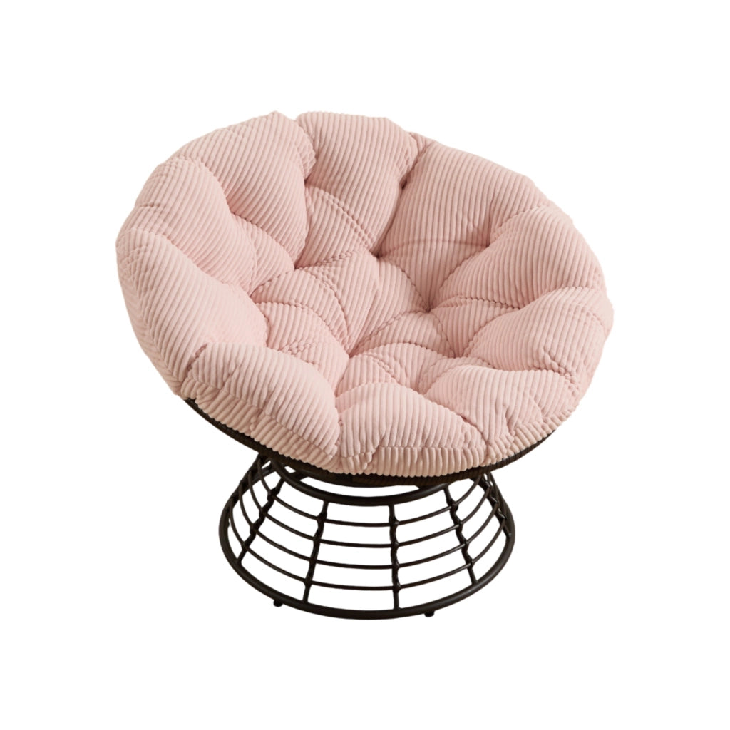 Poltrona girevole a 360° in acciaio e rattan sintetico rosa con cuscino imbottito per soggiorno e camera