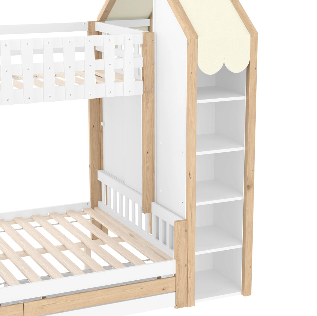 Letto a castello 90x200 + 140x200 cm con cassetti, bianco naturale