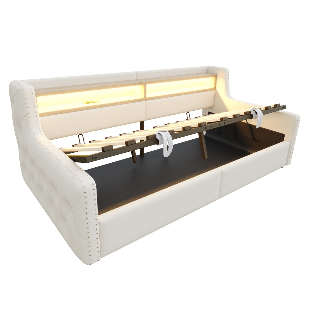 Divano letto 90x200 cm; con LED e vano contenitore; velluto beige