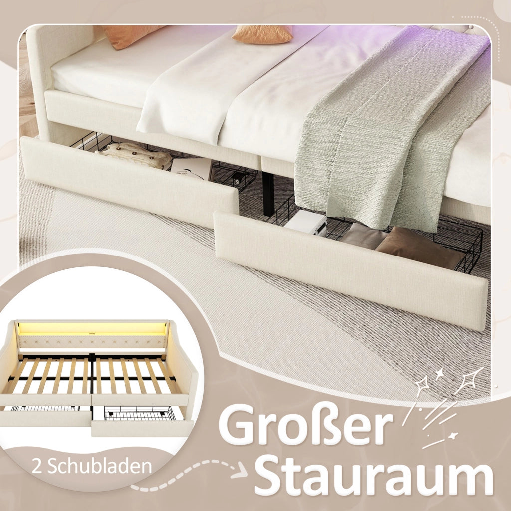 Letto a una piazza 90x200 con luci LED, due cassetti e porta USB