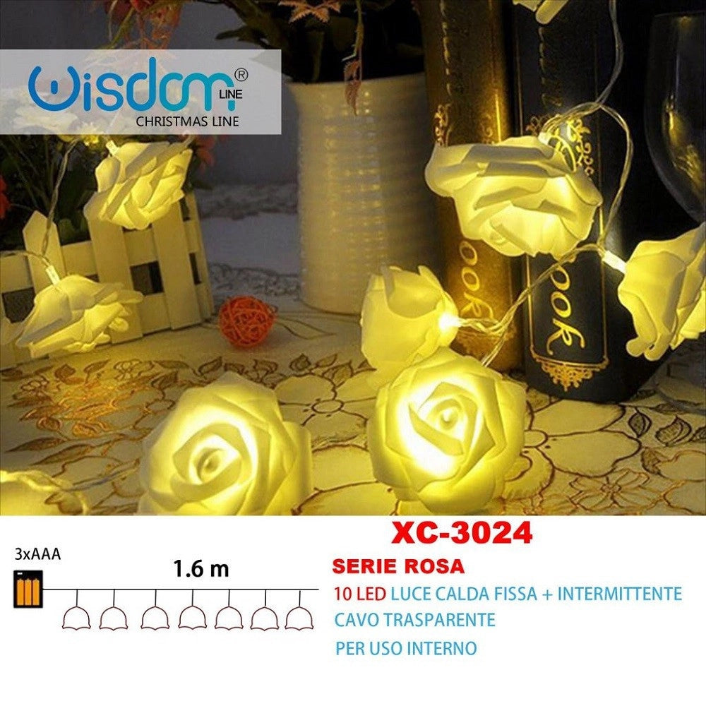 Trade Shop - Catena Luminosa Rose 10 Led A Batteria Luce Calda Fissa + Intermittente Xc-3024 -