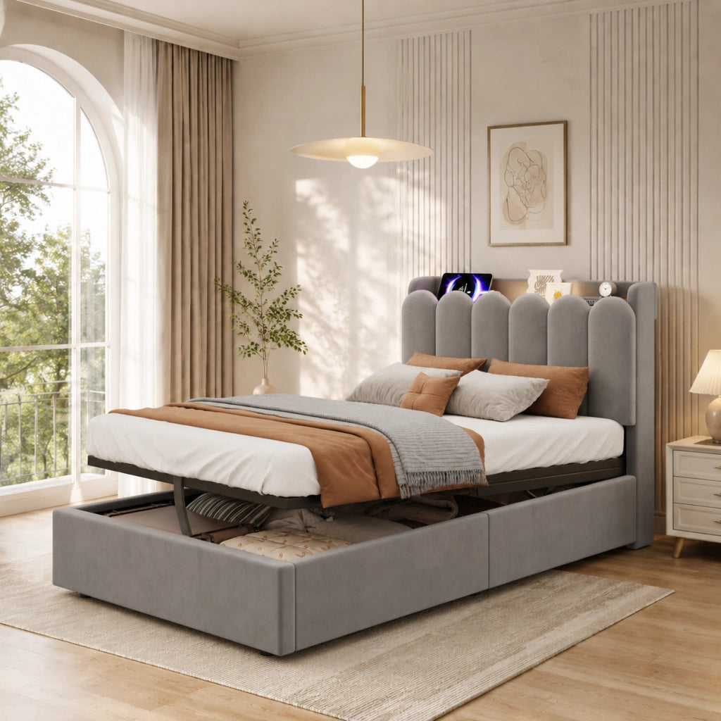 Letto singolo imbottito per bambini 90x200 cm con contenitore, doghe incluse, USB/Type-C e luce, velluto grigio