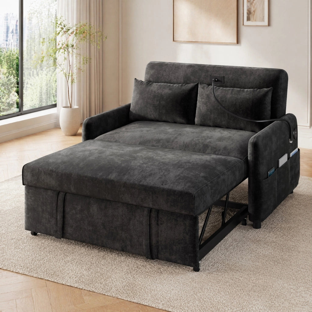 Divano Letto 2 Posti con Schienale Regolabile, USB, Supporto per Telefono e Tasche Laterali, in Ciniglia Grigio 129 × 76 × 81 cm