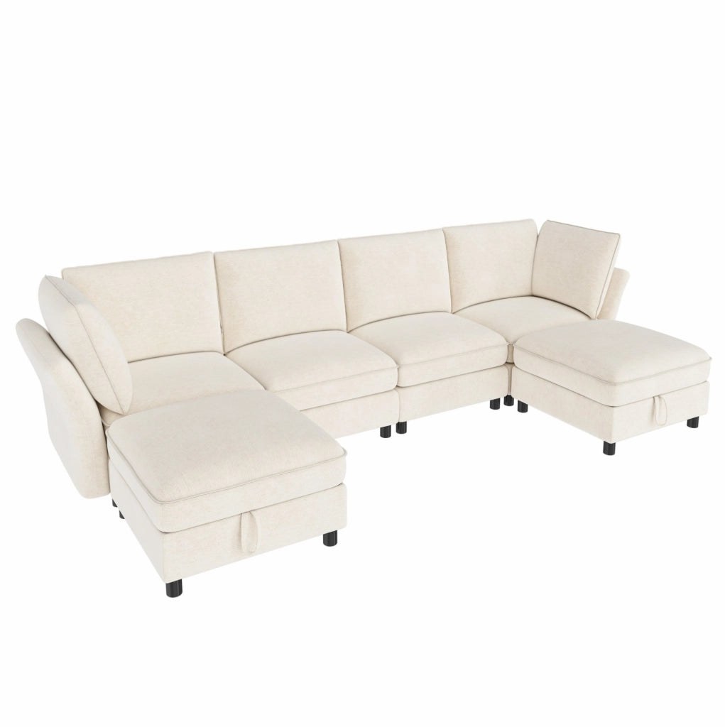 Divano modulare 6 posti U/L in ciniglia beige con 2 pouf contenitore