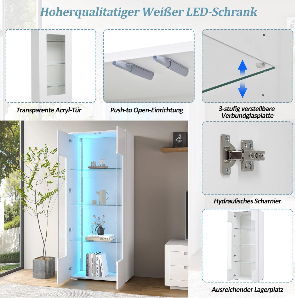 Vetrina soggiorno 70x40x173 cm con 2 ante in acrilico; LED USB e frontale lucido; bianca