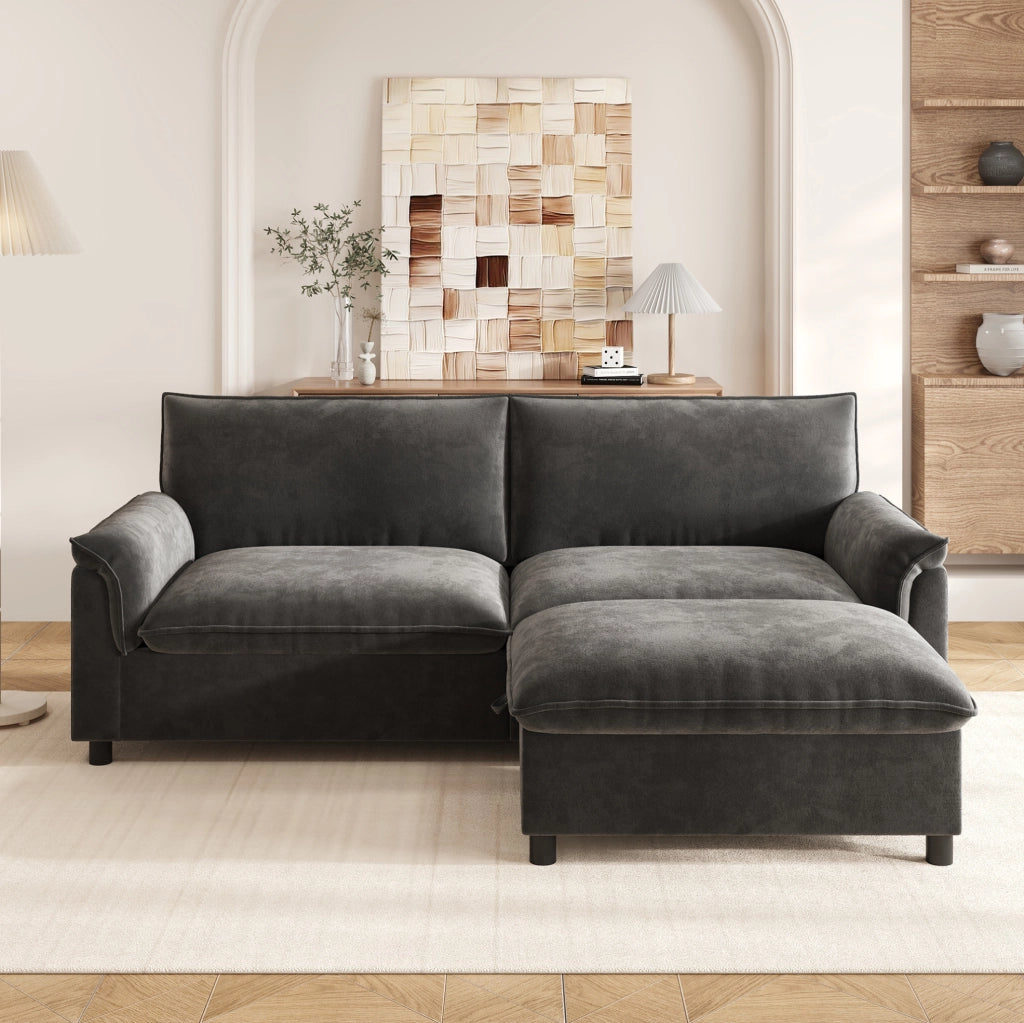 Divano modulare in ciniglia grigio con pouf contenitore 216 cm