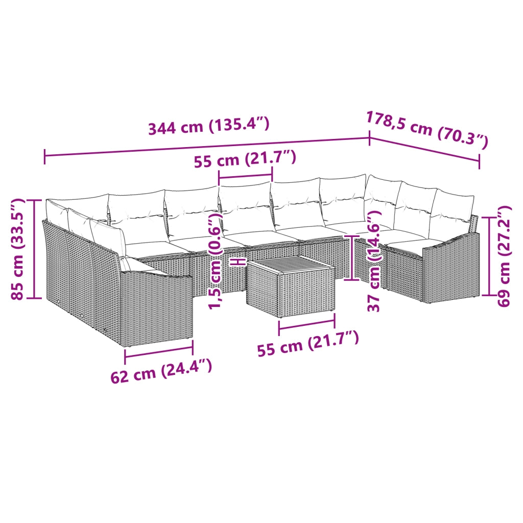 Set Divano da Giardino da 11 Pezzi con Cuscini Beige Polirattan Acacia