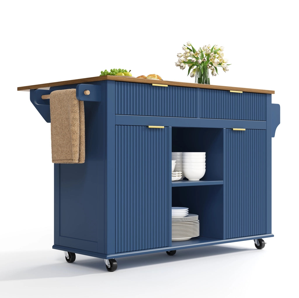Isola cucina su ruote con piano ribaltabile 143 x 45 x 89;5 cm; MDF blu e marrone