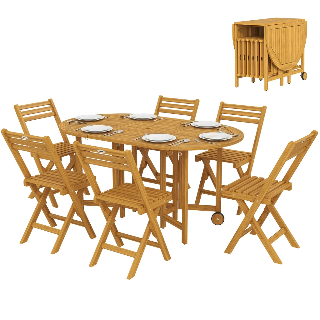 Set Pranzo 7 Pezzi, Tavolo Estensibile Legno e 6 Sedie Pieghevoli per Giardino