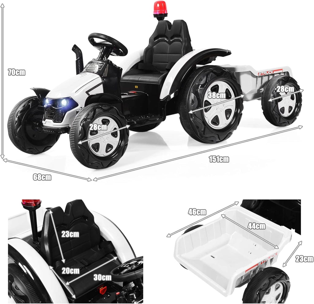 Trattore Elettrico per Bambini con Rimorchio, 2 in 1 Go Kart e Trattore per Bambini 3-8 Anni, con Telecomando e Cintura di Sicurezza a 2 Punti (Bianco)